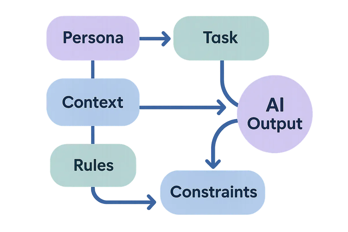 페르소나, 컨텍스트, 과제, 규칙, 제약 조건으로 구성된 AI 프롬프트 구조를 보여주는 일러스트