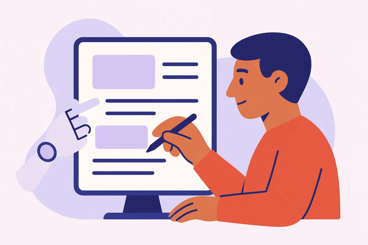 AI가 생성한 콘텐츠를 인간 편집자가 최종 검수하고 수정하는 모습을 보여주는 일러스트