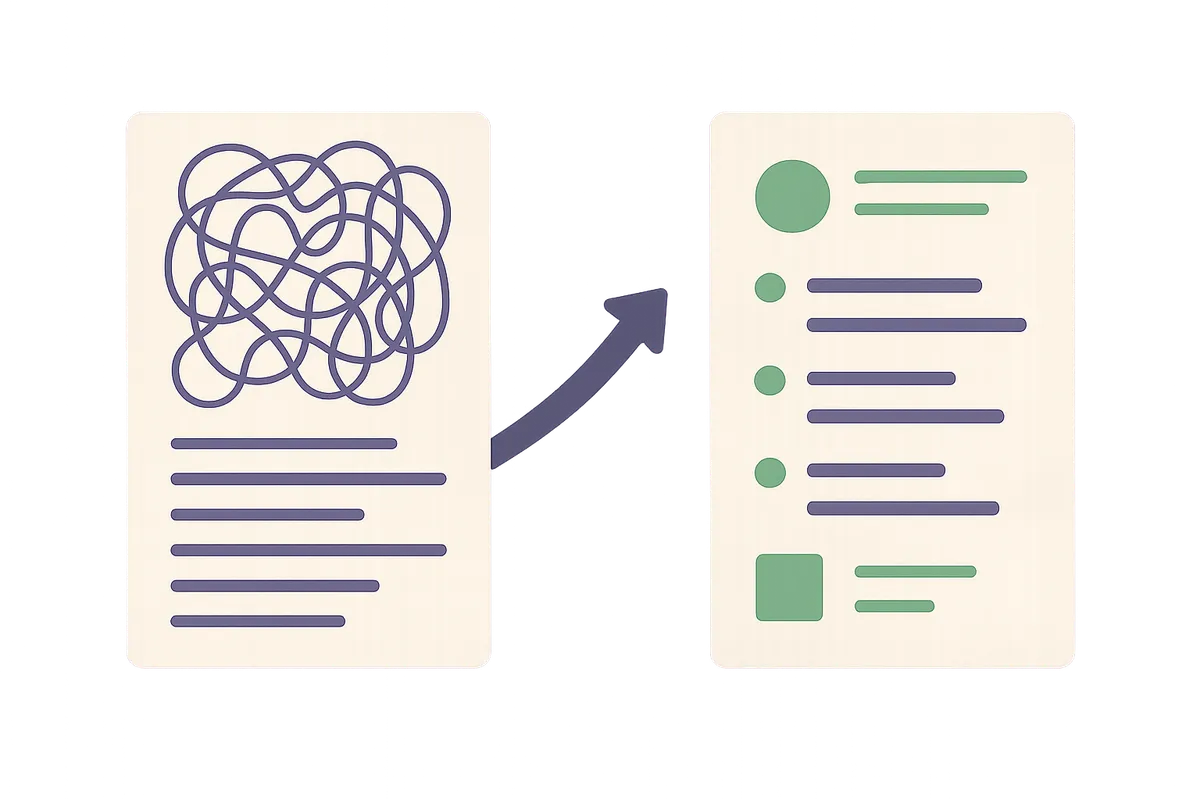 복잡하고 긴 회의록이 간결하고 효율적인 회의록으로 변하는 과정을 보여주는 일러스트