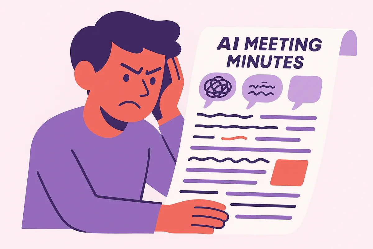 AI 회의록의 복잡함과 핵심 누락으로 인해 어려움을 겪는 사람을 묘사하는 일러스트