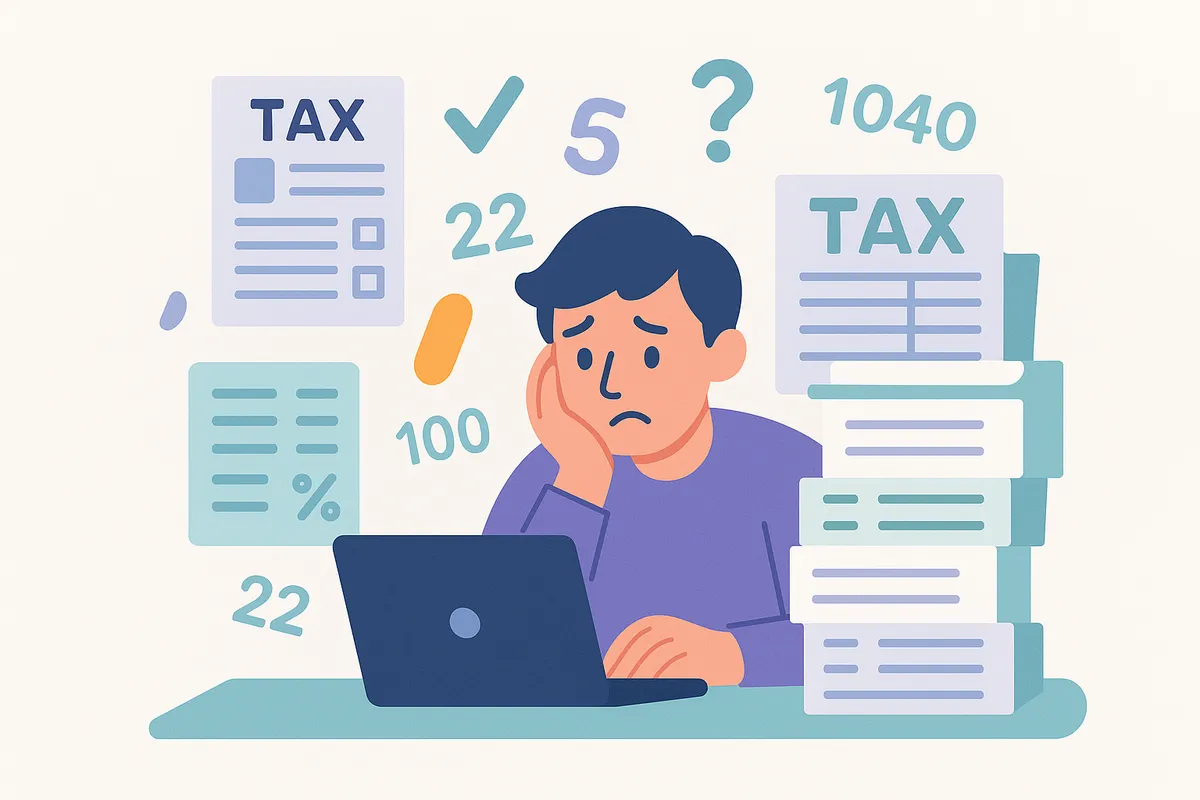 세금 서류 더미에 둘러싸여 혼란스러워하는 프리랜서의 모습