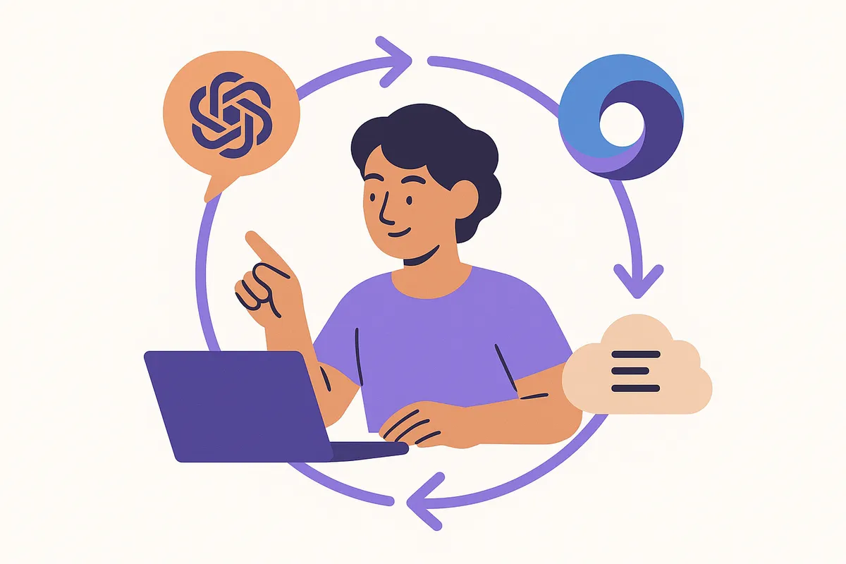 한 사람이 여러 AI 챗봇 도구(ChatGPT, Gemini, Claude 아이콘)를 통합하여 효율적인 업무 흐름을 만들고 생산성을 높이는 일러스트