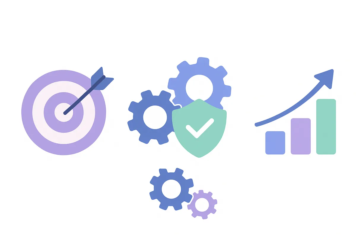 핵심 요약 정확도, 비즈니스 적합성, 기술적 확장성 세 가지 AI 챗봇 평가 기준을 상징하는 추상적인 일러스트레이션