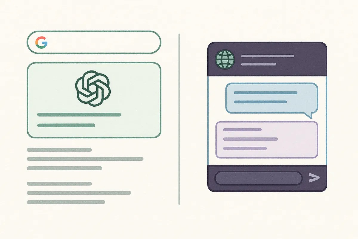 구글 검색 결과에 통합된 ChatGPT for Google과 ChatGPT 대화창에 웹 검색 기능이 추가된 WebChatGPT를 비교하는 인포그래픽