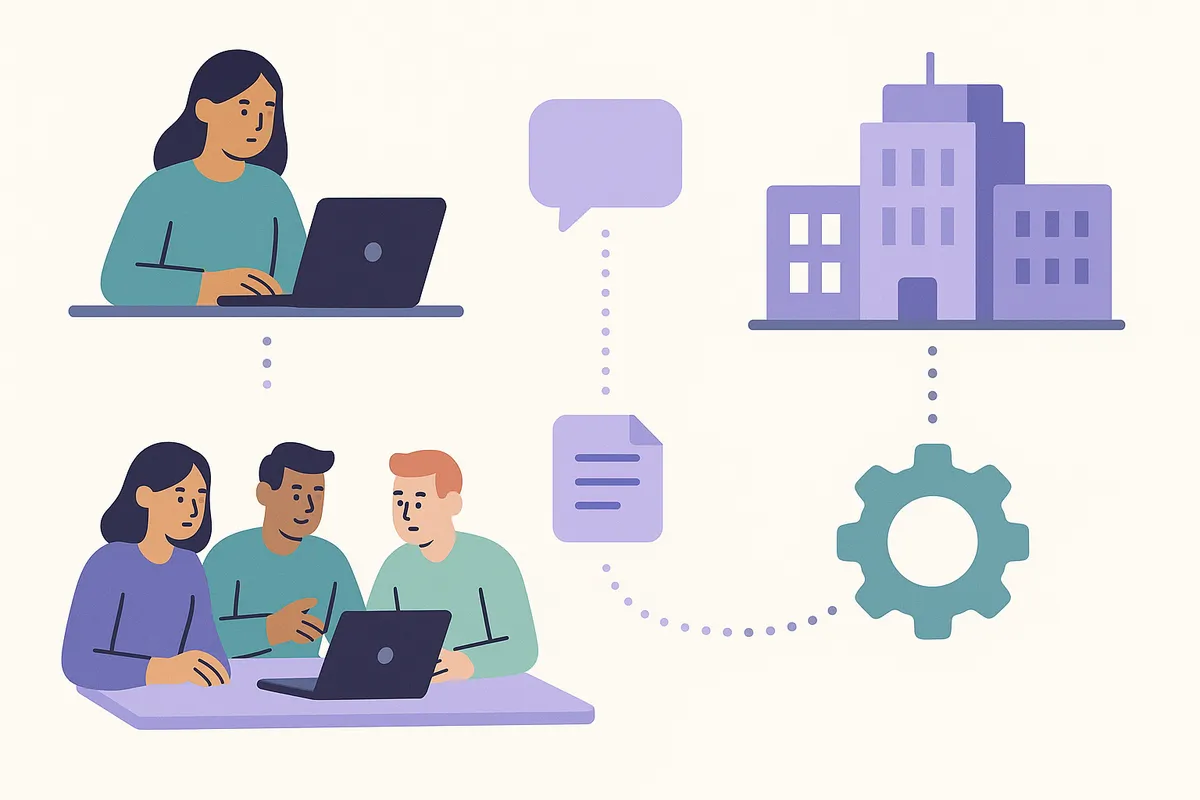 개인 사업자, 중견기업, 기술 기업 등 세 가지 유형의 사용자가 각자에게 최적화된 AI 솔루션을 선택하는 과정을 보여주는 일러스트