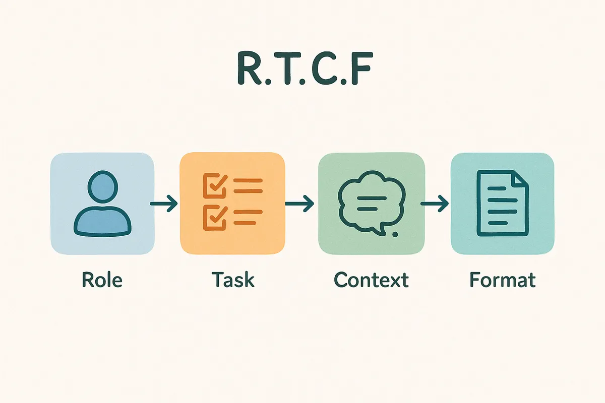AI 프롬프트 엔지니어링의 R.T.C.F 원칙을 설명하는 인포그래픽