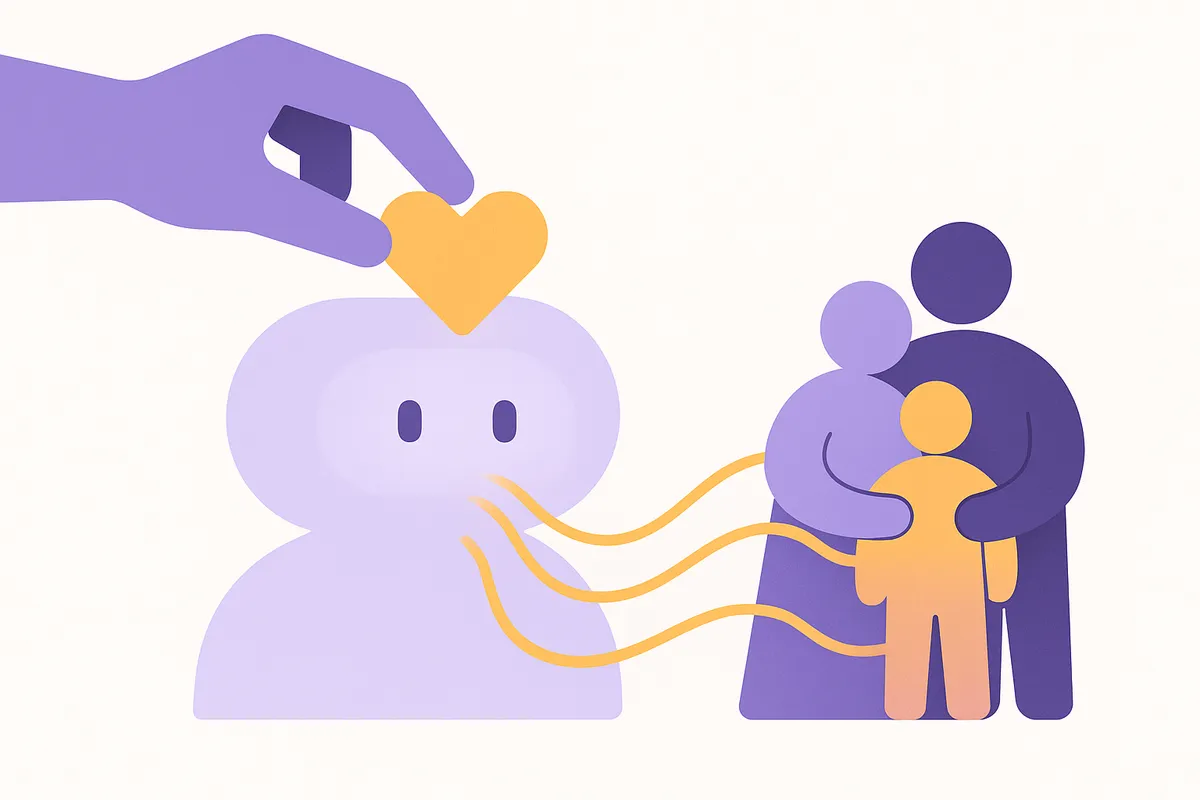 AI가 가족 메시지에 따뜻한 감동을 더하고 관계를 강화하는 모습을 나타내는 일러스트