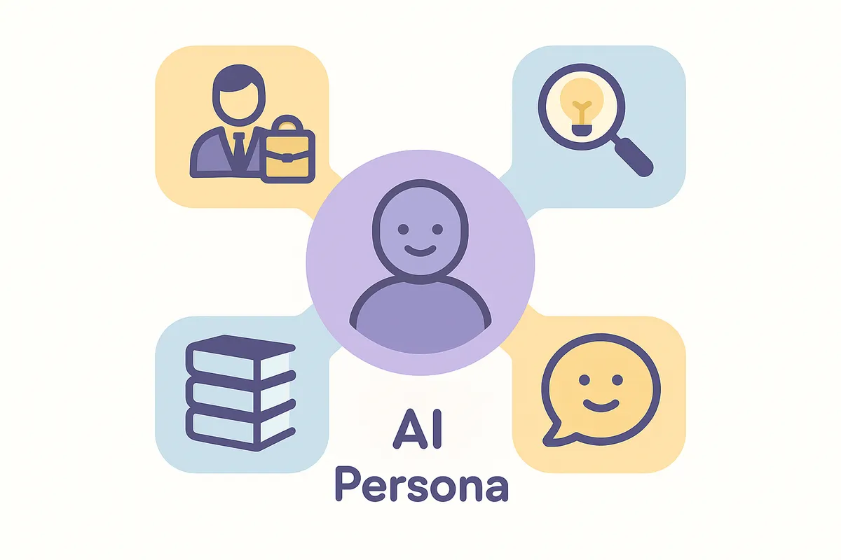 AI 페르소나의 네 가지 핵심 구성 요소(역할, 전문성 범위, 말투, 지식 범위)를 보여주는 일러스트