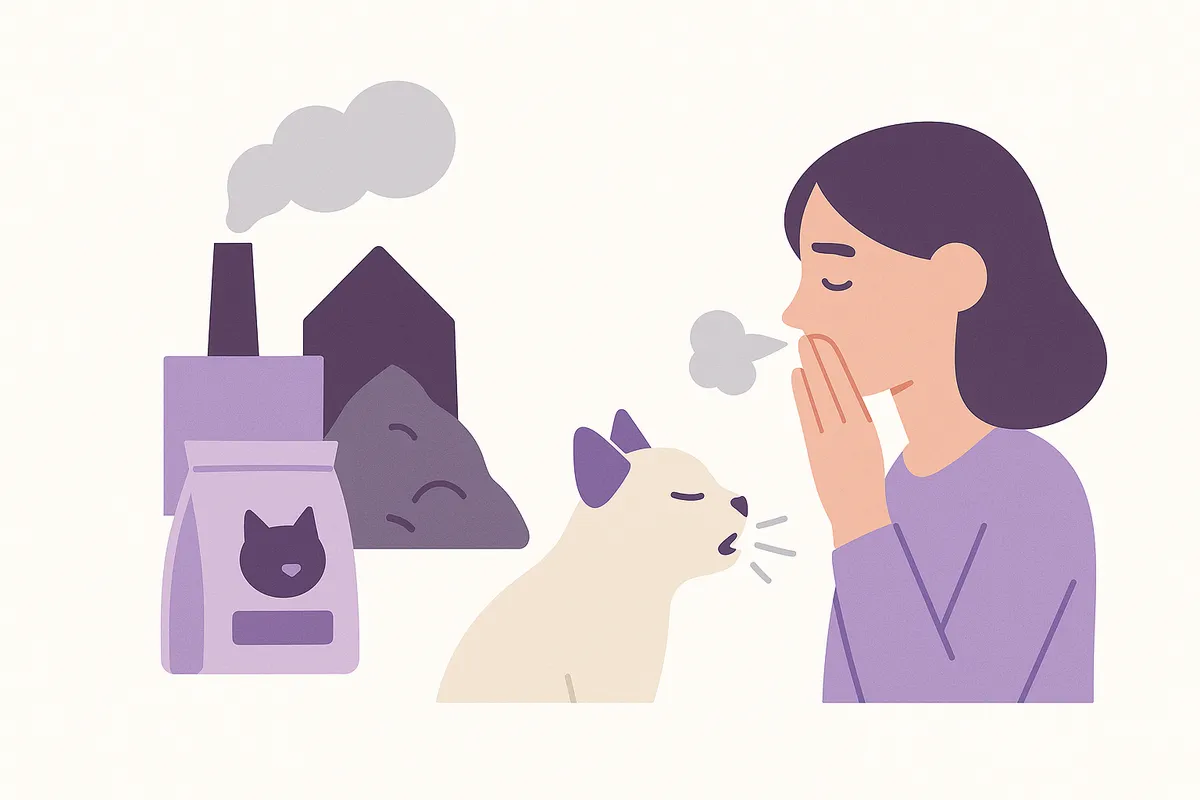 환경 오염과 고양이 및 집사의 건강 위협을 보여주는 기존 고양이 모래의 문제점 일러스트