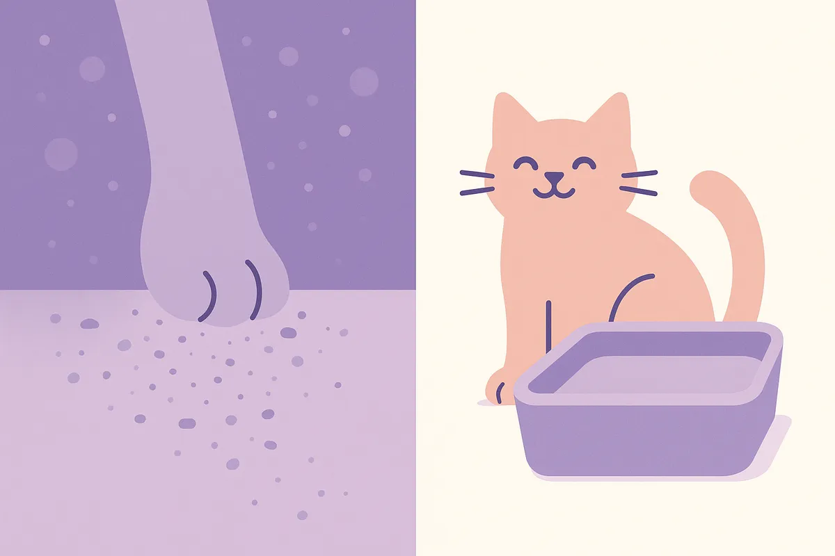 고양이 모래의 먼지 날림과 사막화 현상을 대조적으로 보여주는 일러스트
