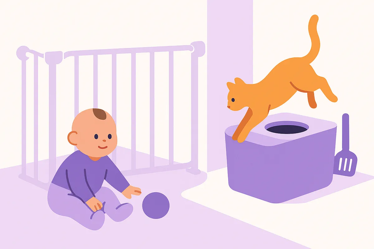 베이비 게이트와 탑엔트리 화장실로 아이와 고양이 모래를 분리한 안전한 공간 일러스트