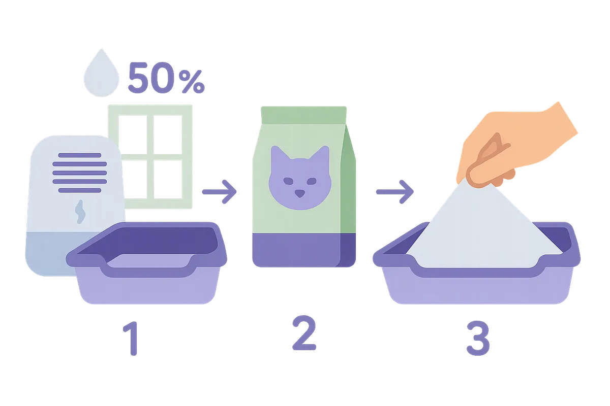 고양이 화장실 습도 50% 유지를 위한 3단계 실행 전략 일러스트