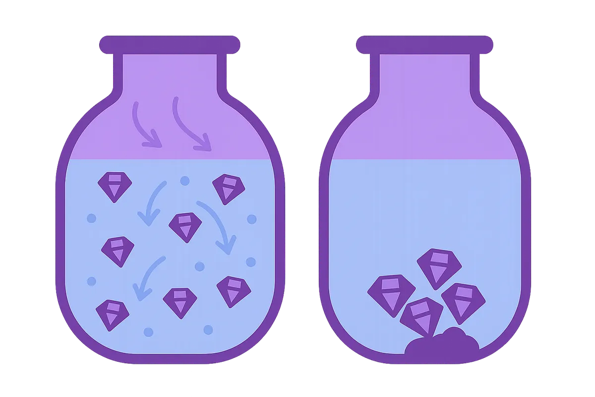 캐리어 유체 내 다이아몬드 입자의 분산 상태를 보여주는 일러스트. 균일하게 분산된 상태와 응집된 상태를 비교