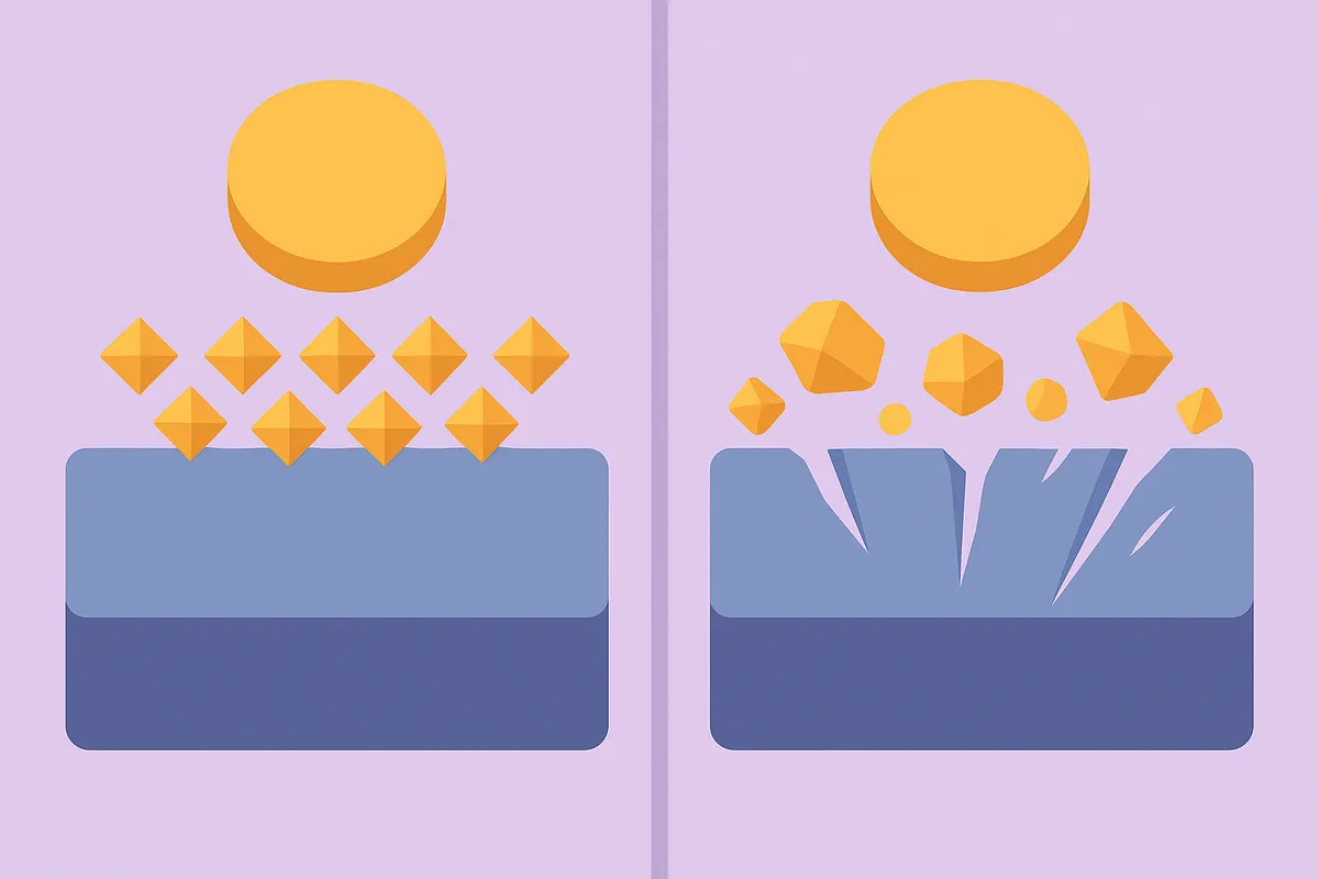 균일한 입자 크기가 매끄러운 표면을 만드는 반면, 불균일한 입자 크기가 깊은 스크래치를 유발하는 다이아몬드 연마 과정의 일러스트