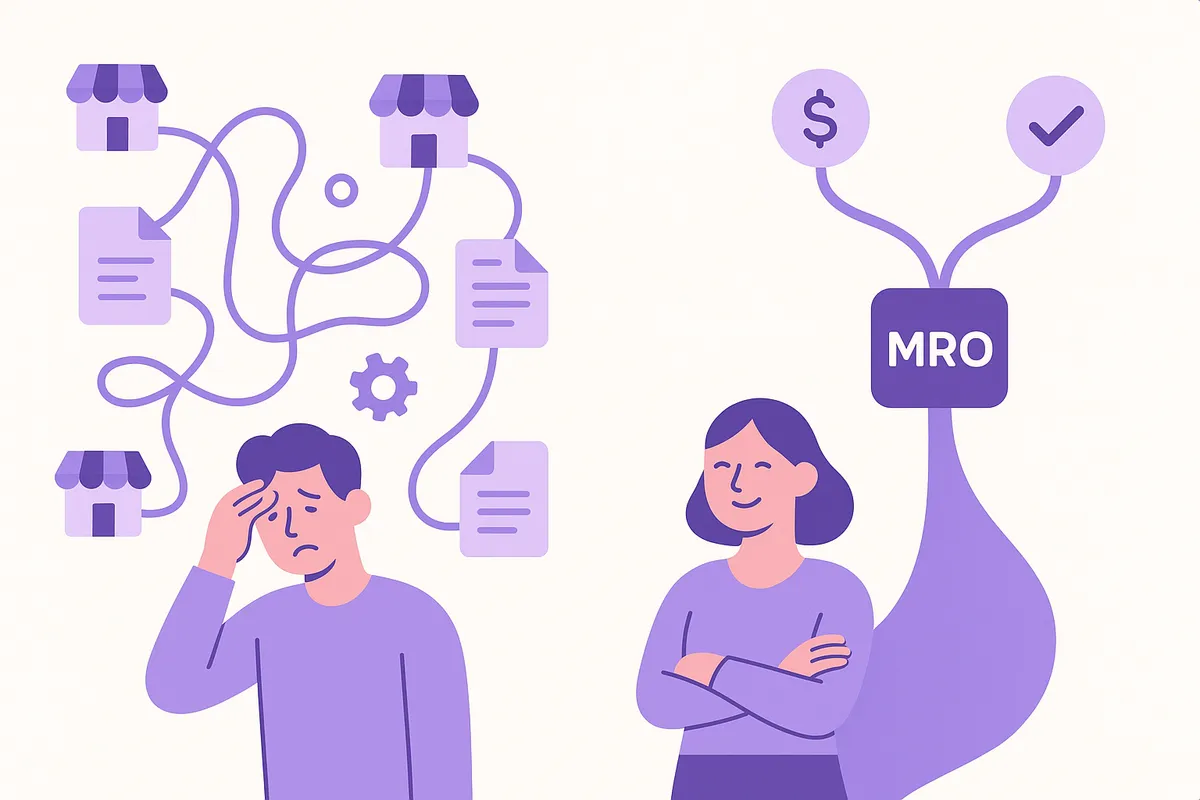 여러 구매 채널을 통해 복잡한 과정을 거치는 모습과 하나의 MRO 플랫폼을 통해 간소화된 구매 과정을 대조하는 일러스트