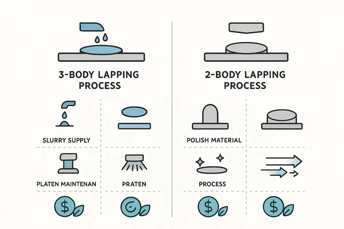 3-Body Lapping과 2-Body Lapping 공정의 주요 특징을 비교하는 인포그래픽