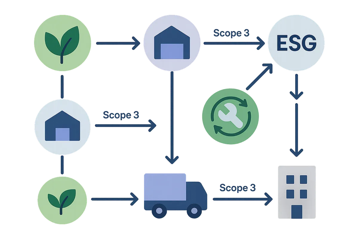 지속가능한 공급망과 ESG 데이터 흐름, 스코프 3 관리를 시각화한 일러스트