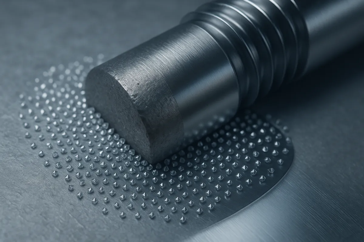 0.5nm 다이아몬드 입자가 임플란트 표면을 초정밀 연마하는 모습을 묘사한 3D 렌더링